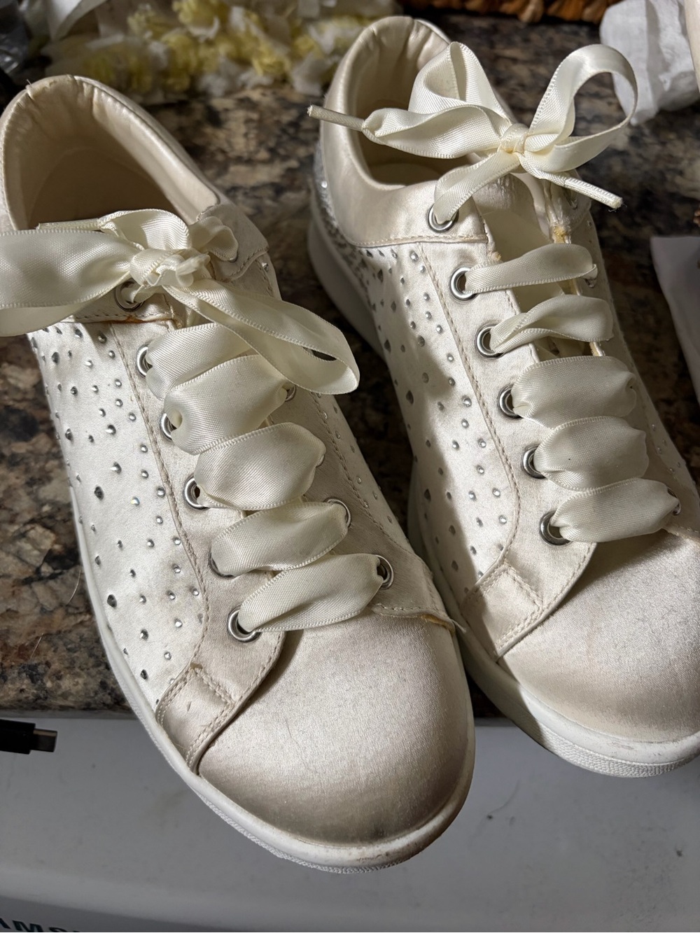 Women’s Pearl Satin Crystal Sneakers – Ivory